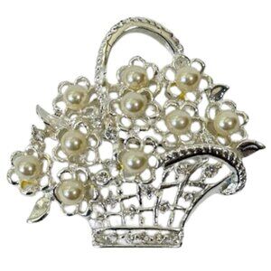 Napier flower basket bouquet sliver-tone and faux pearl brooch.